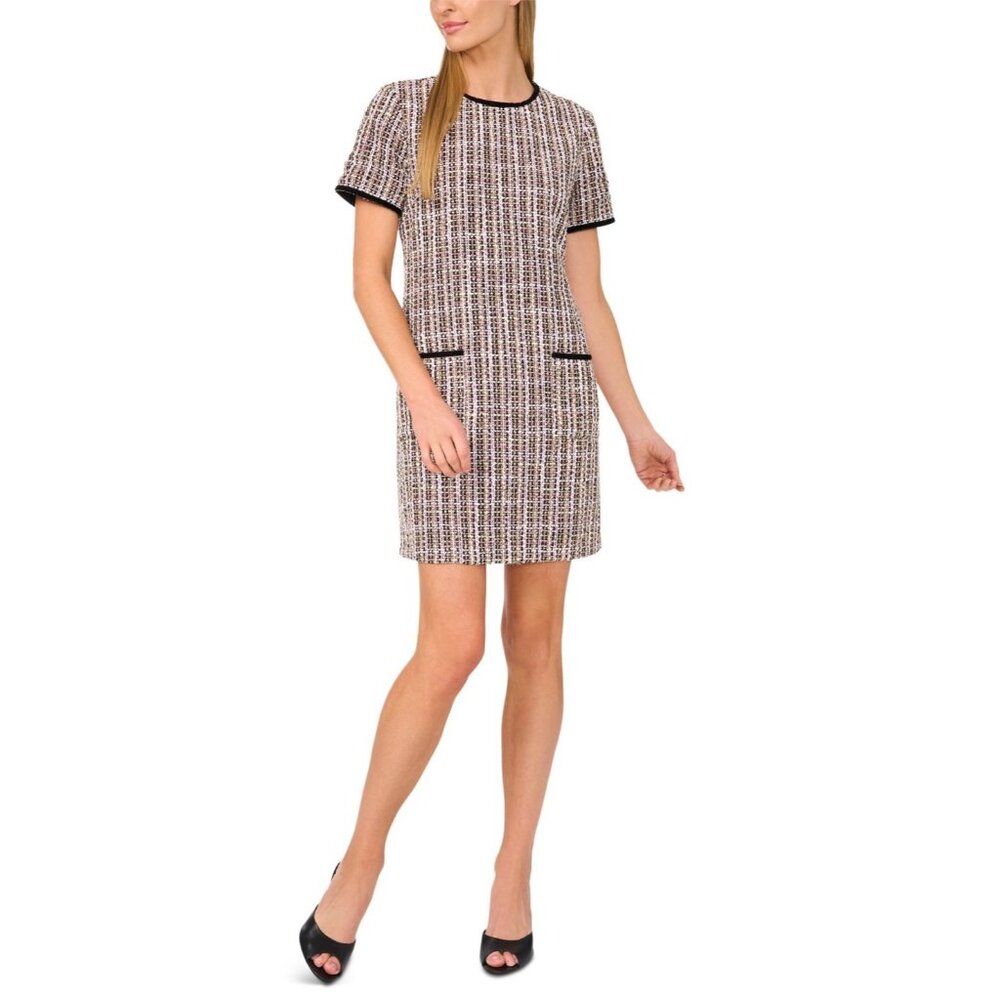 CeCe Women Contrast-Trim Tweed Short-Sleeve Dress Pink White Size 10 MSRP $159